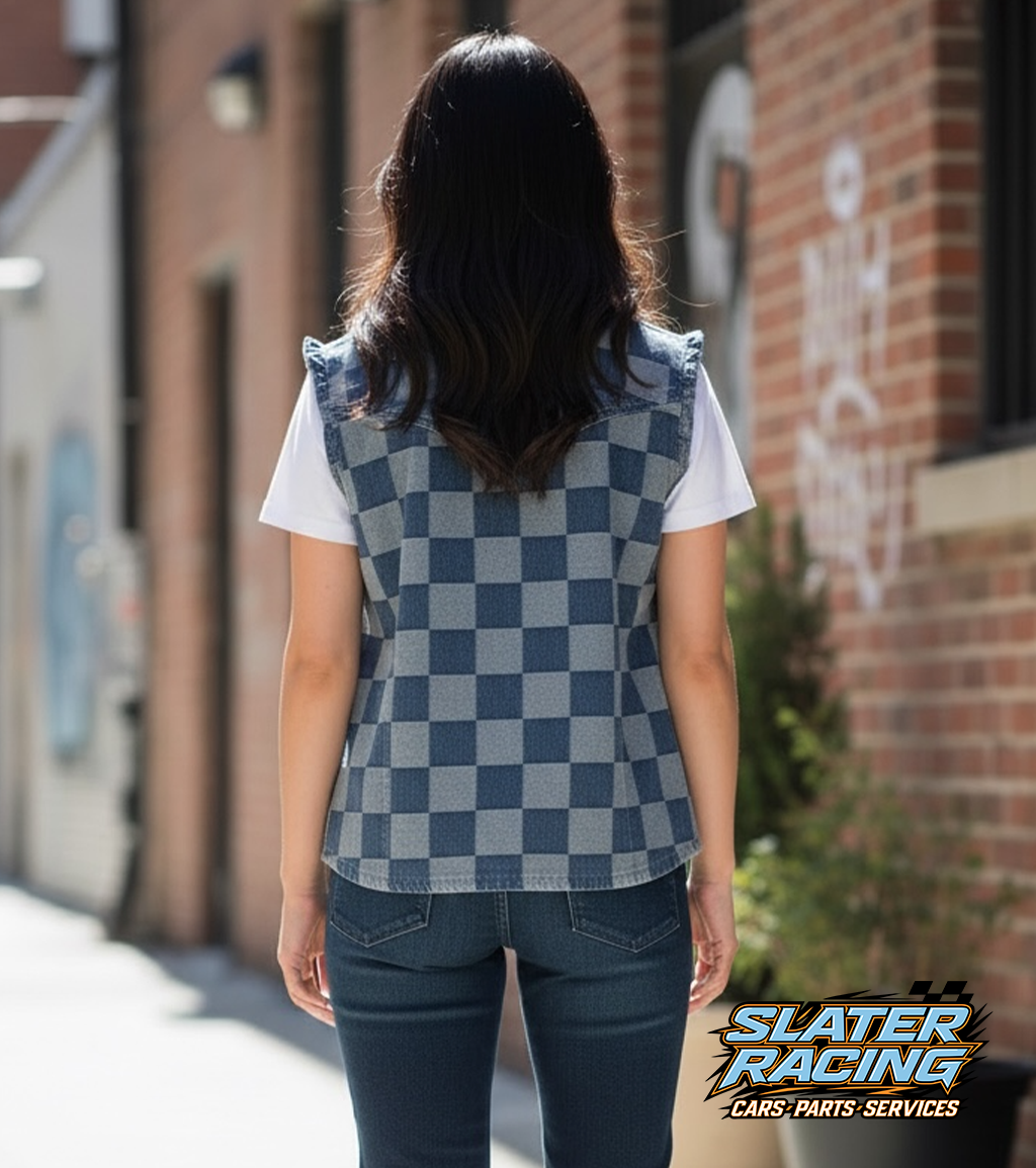 Denim Checkered Ruffle Trim Button Vest